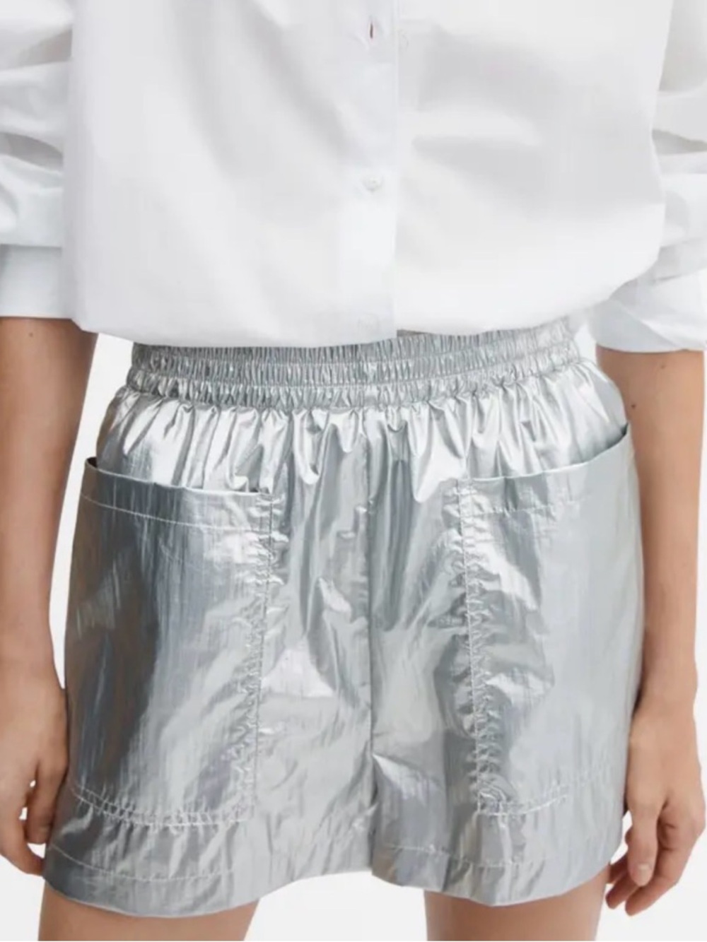 Mango Metallic Silver High-Waist Elastic Shorts